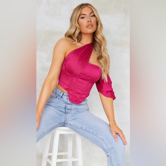 PrettyLittleThing Tops - PrettyLittleThing | NWT Women’s Pink Textured Satin Draped One Shoulder Top